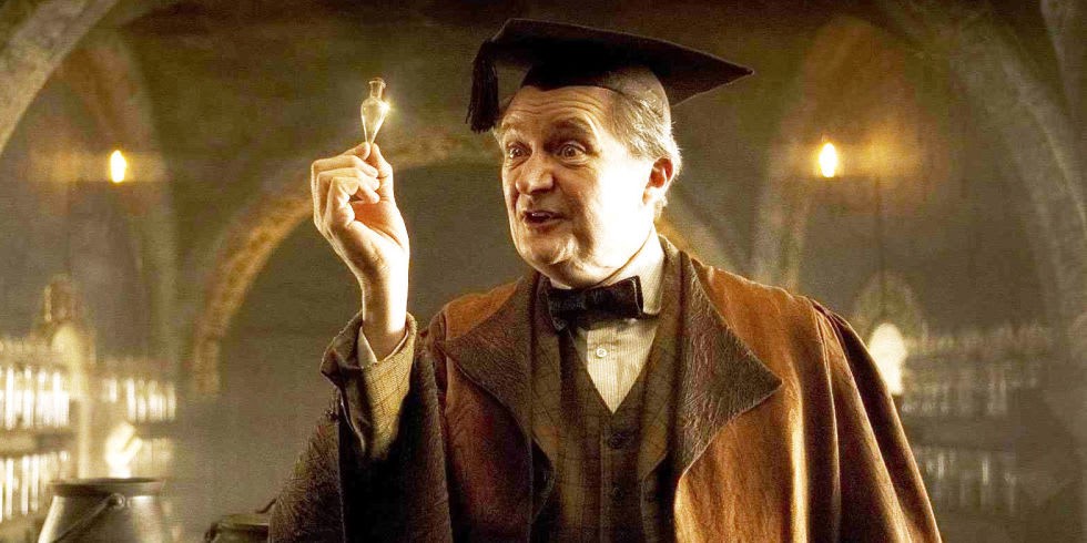 “Horace Slughorn presents potions to his students”